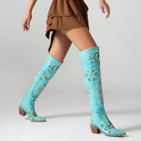 Women's Oriental Embroidery Pointed Toe Beveled Heel Over-The-Knee Boots