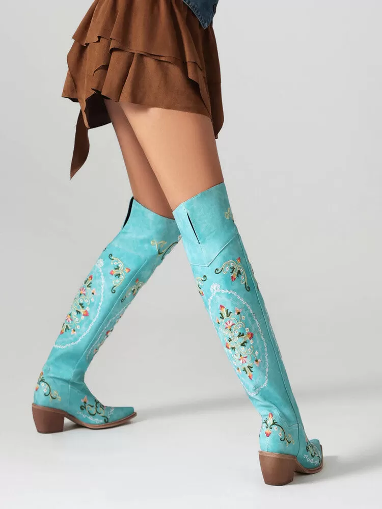 Women's Oriental Embroidery Pointed Toe Beveled Heel Over-The-Knee Boots