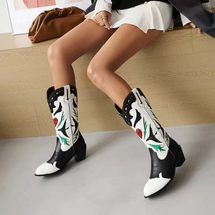 Women's Patchwork Pointed Toe Block Heel Cowboy Mid Calf Boots