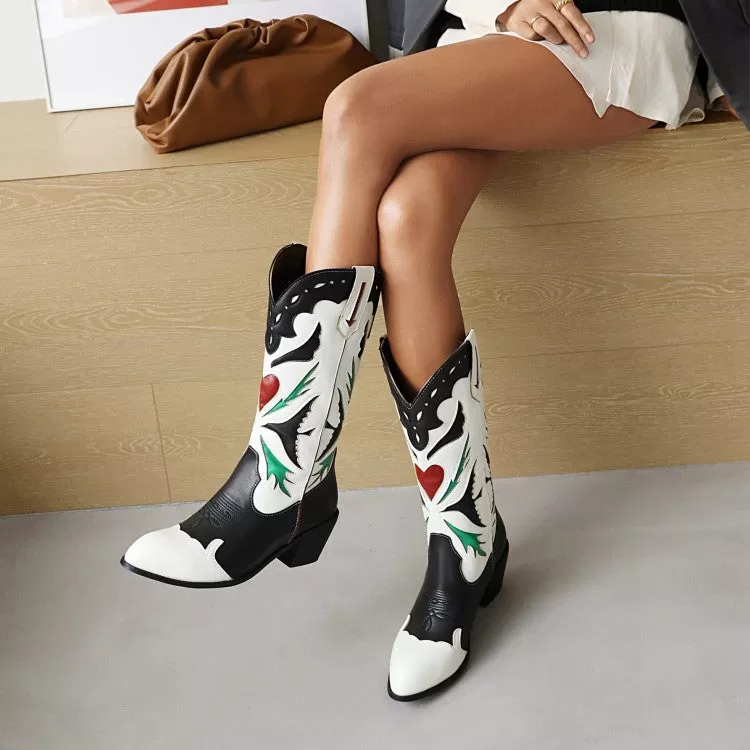 Women's Patchwork Pointed Toe Block Heel Cowboy Mid Calf Boots