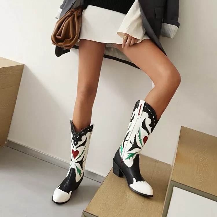 Women's Patchwork Pointed Toe Block Heel Cowboy Mid Calf Boots