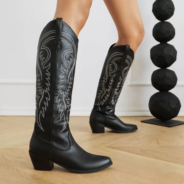 Women's Pointed Toe Beveled Heel Mid Calf Western Boots