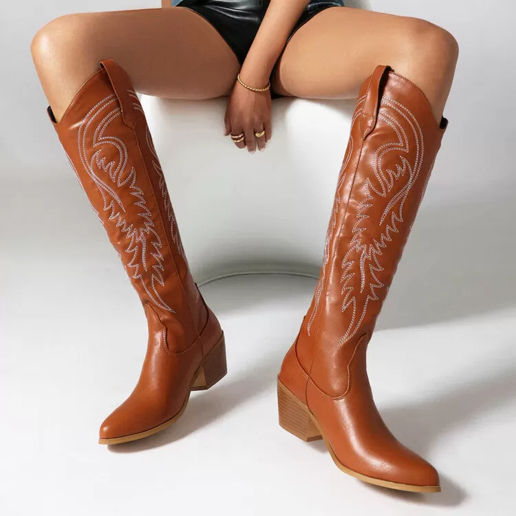 Women's Pointed Toe Beveled Heel Mid Calf Western Boots