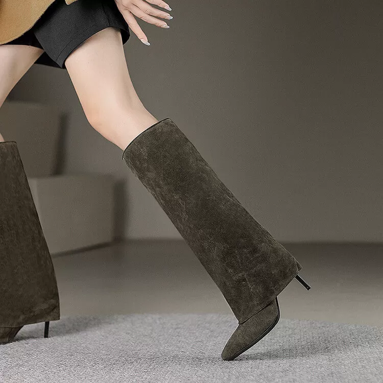 Women's Pointed Toe Fold Stiletto Heel Knee-High Boots