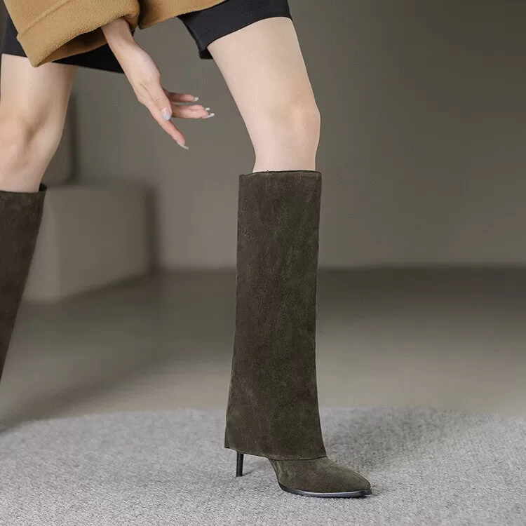 Women's Pointed Toe Fold Stiletto Heel Knee-High Boots