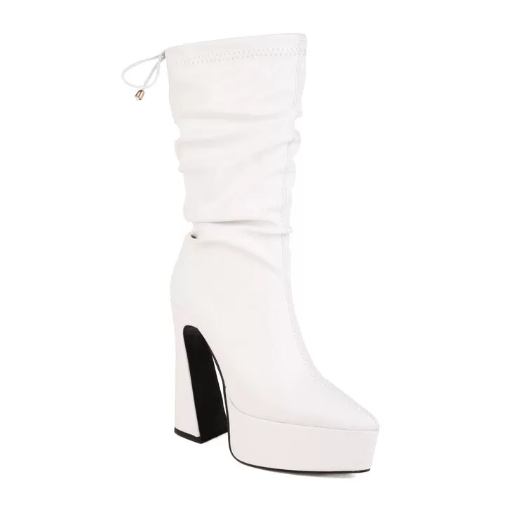 Women's Pu Leather Pointed Toe Back Tied Straps Spool Heel Platform Mid-calf Boots