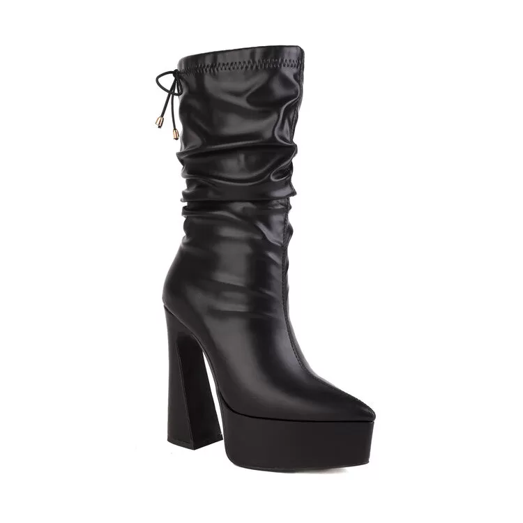 Women's Pu Leather Pointed Toe Back Tied Straps Spool Heel Platform Mid-calf Boots