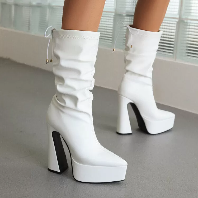 Women's Pu Leather Pointed Toe Back Tied Straps Spool Heel Platform Mid-calf Boots