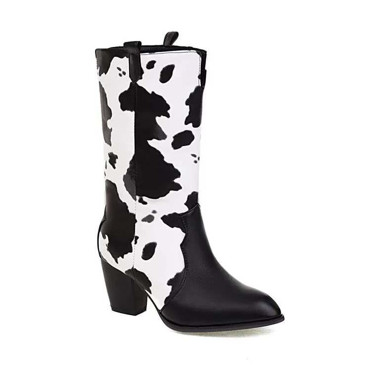 Women's Pu Leather Pointed Toe Cow Block Chunky Heel Mid Calf Boots