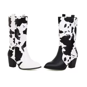 Women's Pu Leather Pointed Toe Cow Block Chunky Heel Mid Calf Boots