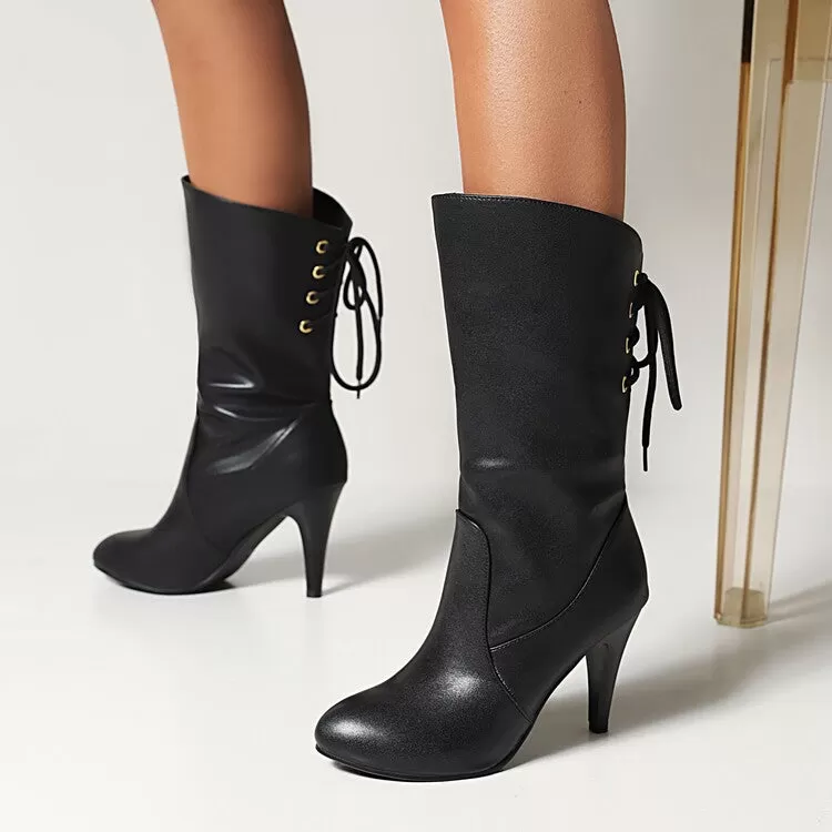 Women's Pu Leather Round Toe Back Lace Up Cone Heel Mid-Calf Boots