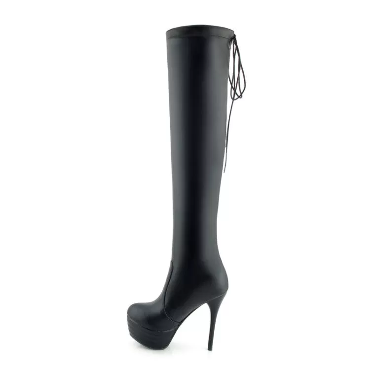 Women's Pu Leather Round Toe Back Tied Straps Stiletto Heel Platform Over-The-Knee Boots