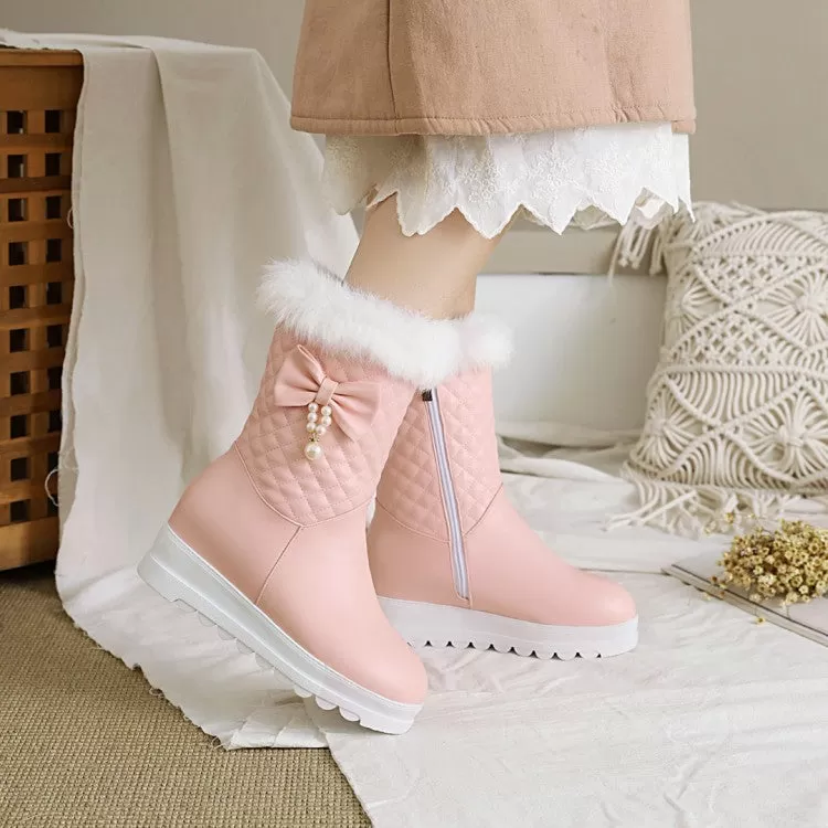 Women's Pu Leather Round Toe Bow Tie Pearls Furry Platform Wedge Heel Mid-Calf Snow Boots