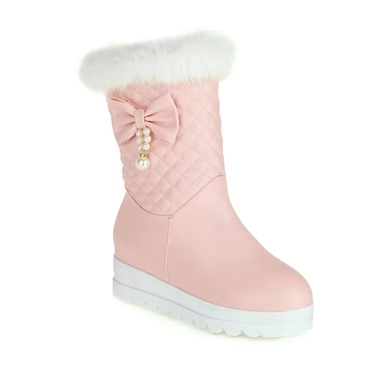 Women's Pu Leather Round Toe Bow Tie Pearls Furry Platform Wedge Heel Mid-Calf Snow Boots