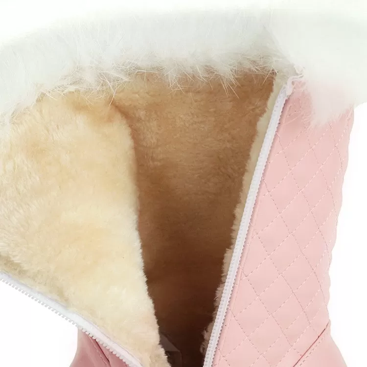 Women's Pu Leather Round Toe Bow Tie Pearls Furry Platform Wedge Heel Mid-Calf Snow Boots