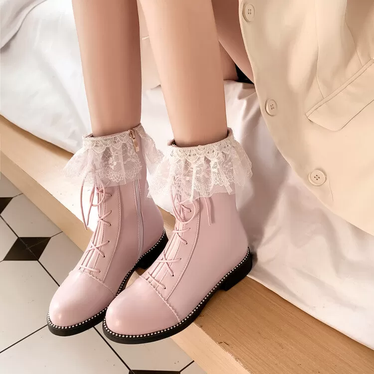 Women's Pu Leather Round Toe Lace Lace-up Stitch Side Zippers Short Boots