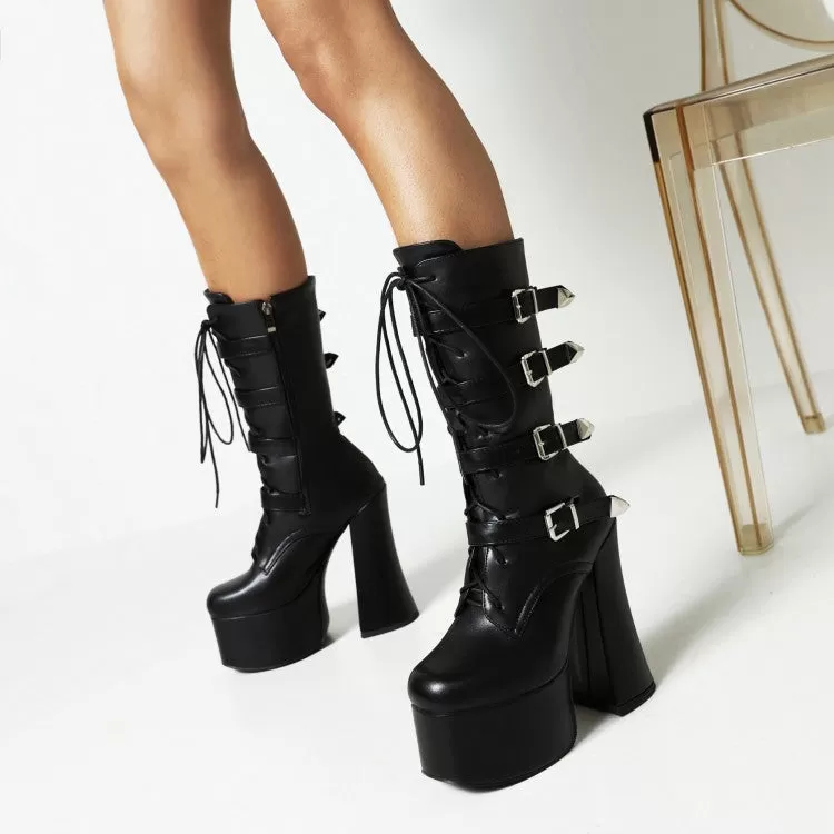 Women's Pu Leather Round Toe Lace Up Buckle Straps Block Chunky Heel Platform Mid-calf Boots