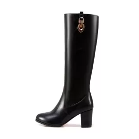 Women's Pu Leather Side Zippers Metal Buckles Block Chunky Heel Knee High Boots