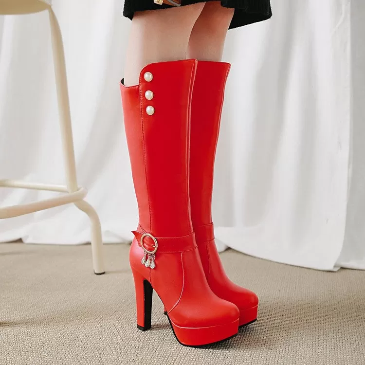 Women's Rivets Pearls Side Zippers Buckle Straps Block Chunky Heel Platform Knee High Boots