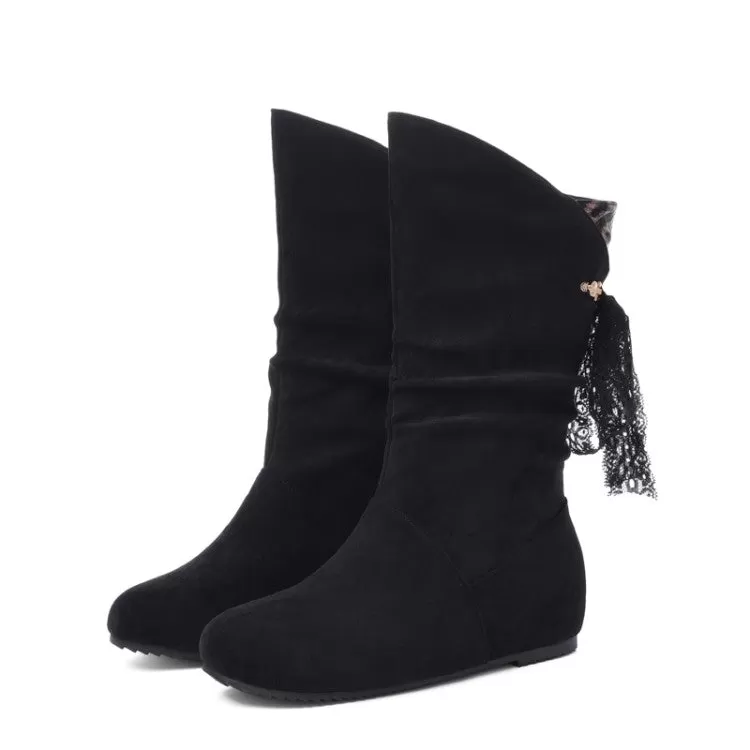 Women's Round Toe Back Tassel Flat Inside Heighten Mid Calf Boots