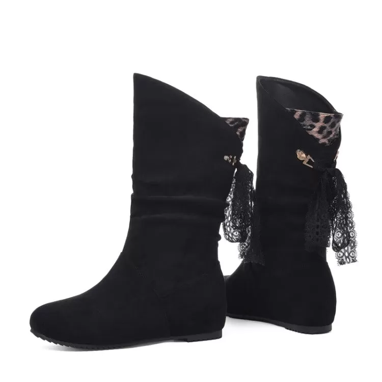 Women's Round Toe Back Tassel Flat Inside Heighten Mid Calf Boots