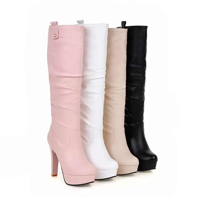 Women's Round Toe Block Chunky Heel Platform Knee High Boots