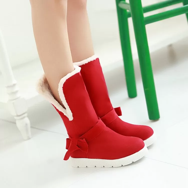 Women's Round Toe Bow Tie Fold Flat Platform Mid-Calf Boots