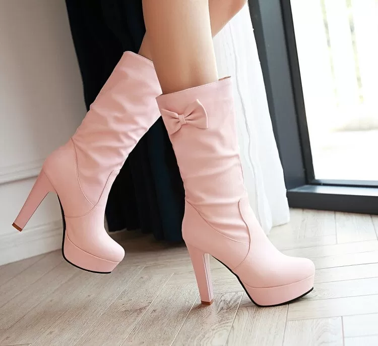 Women's Round Toe Bows Block Chunky Heel Platform Mid-Calf Boots