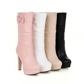 Women's Round Toe Bows Block Chunky Heel Platform Mid-Calf Boots