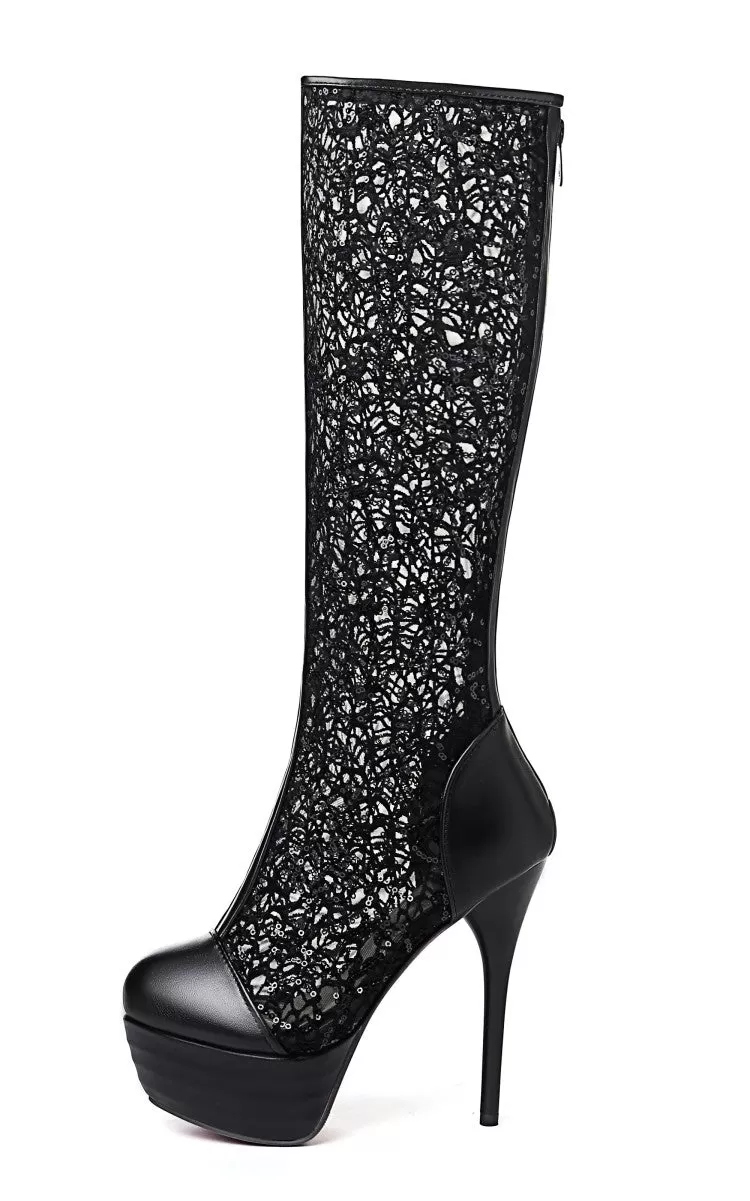 Women's Round Toe Lace Back Zippers Stiletto Heel Platform Mid-Calf Boots