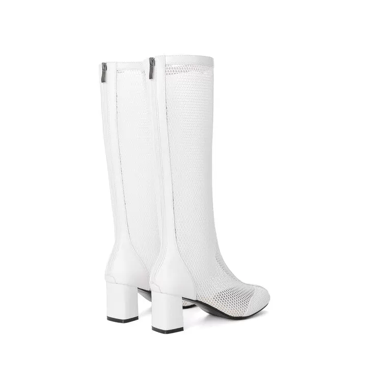 Women's Round Toe Mesh Block Chunky Heel Knee High Boots