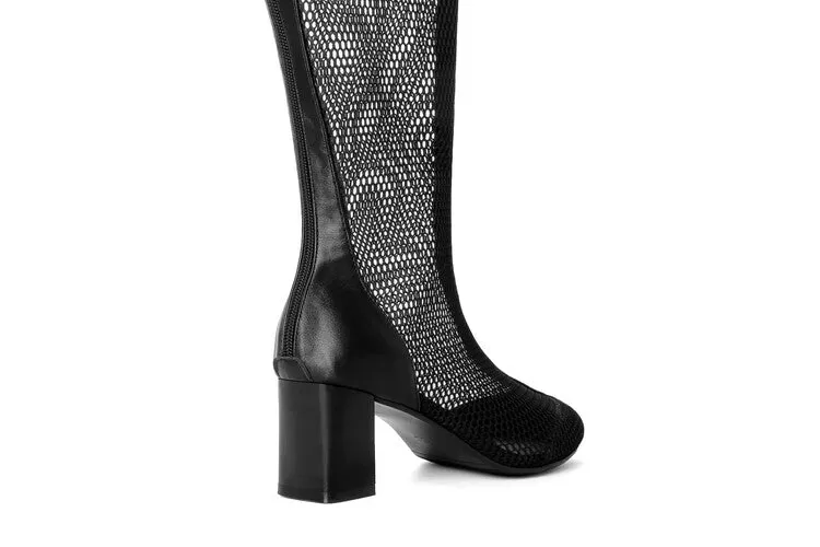 Women's Round Toe Mesh Block Chunky Heel Knee High Boots