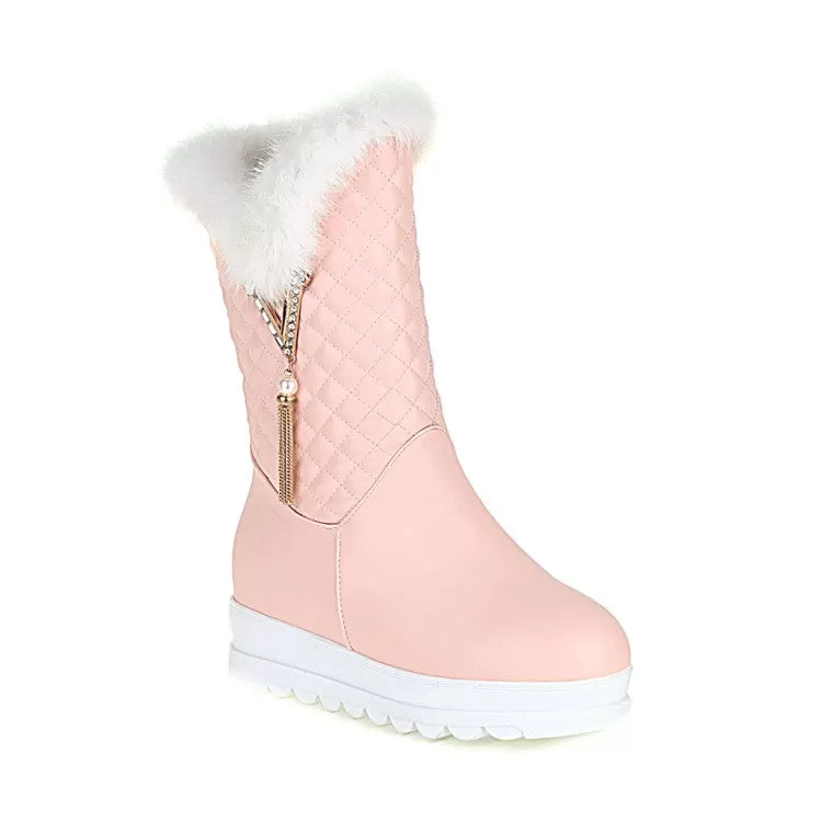 Women's Round Toe Pearls Tassel Furry Side Zippers Platform Wedge Heel Mid-Calf Snow Boots