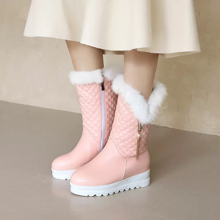 Women's Round Toe Pearls Tassel Furry Side Zippers Platform Wedge Heel Mid-Calf Snow Boots