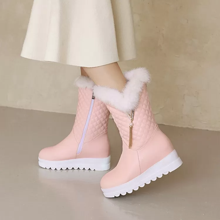 Women's Round Toe Pearls Tassel Furry Side Zippers Platform Wedge Heel Mid-Calf Snow Boots