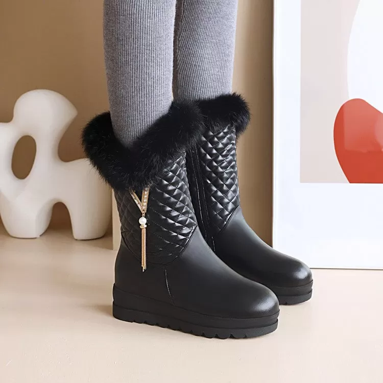 Women's Round Toe Pearls Tassel Furry Side Zippers Platform Wedge Heel Mid-Calf Snow Boots