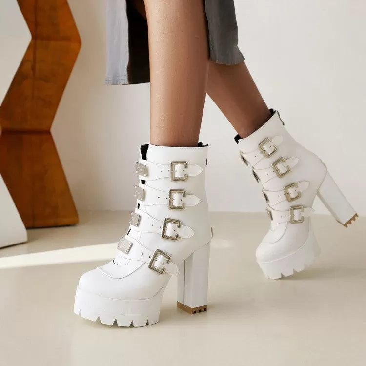 Women's Round Toe Sequins Metal Buckle Straps Block Chunky Heel Platform Mid-Calf Boots