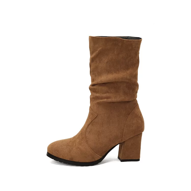 Women's Round Toe Slouch Block Chunky Heel Mid-Calf Boots