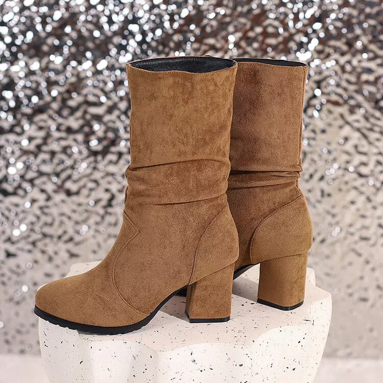 Women's Round Toe Slouch Block Chunky Heel Mid-Calf Boots