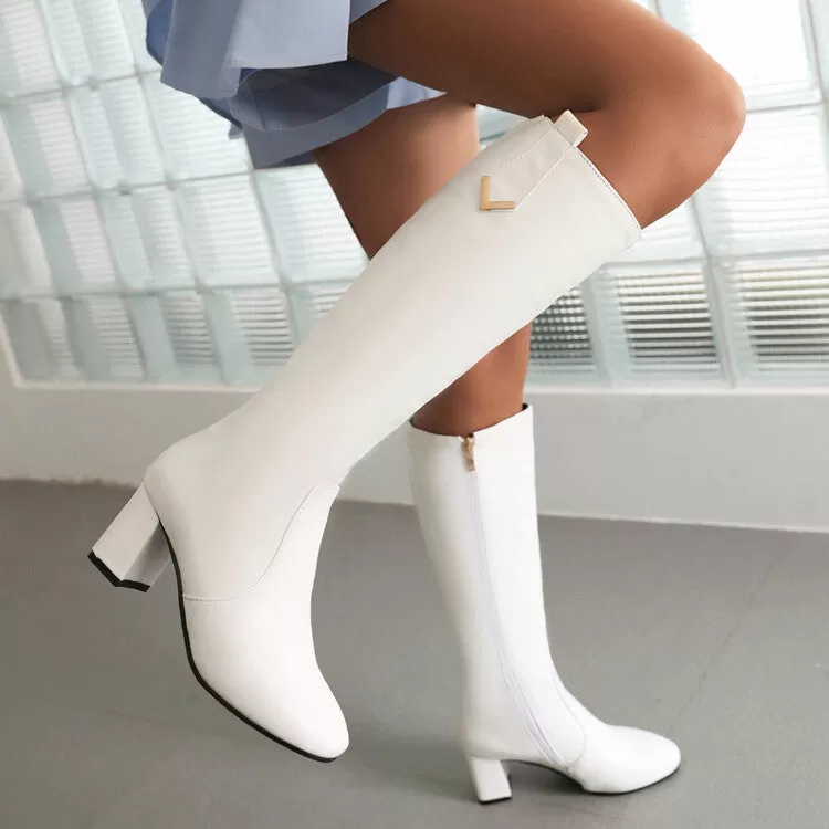 Women's Side Zippers Block Heel Knee High Boots