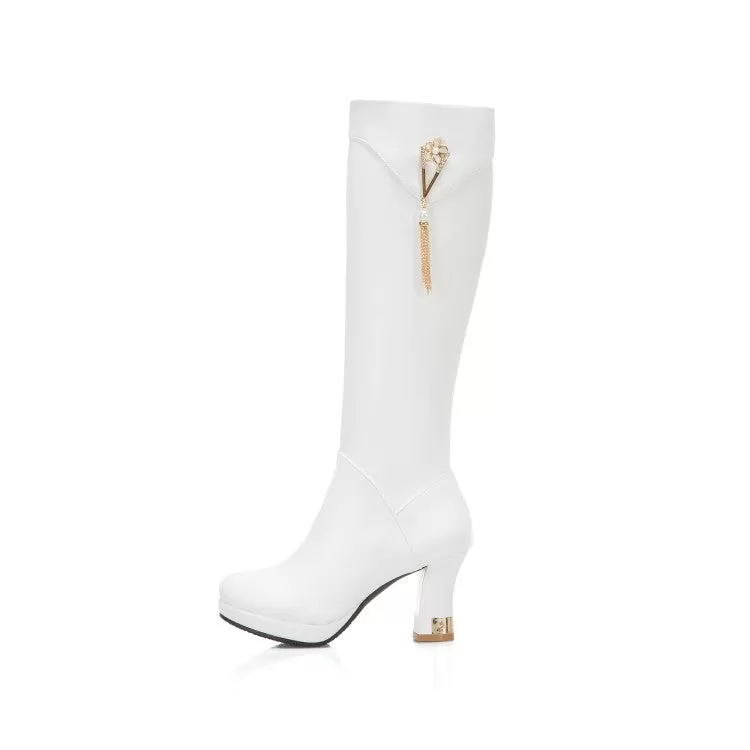 Women's Side Zippers Rhinestone Tassel Spool Heel Platform Knee High Boots