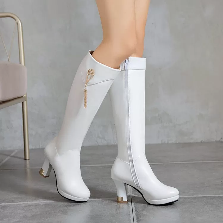 Women's Side Zippers Rhinestone Tassel Spool Heel Platform Knee High Boots