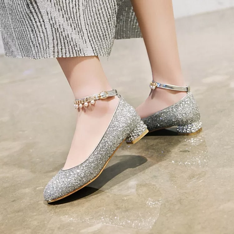 Women's Sparkling Sequins Pearls Shallow Ankle Strap Flat Pumps