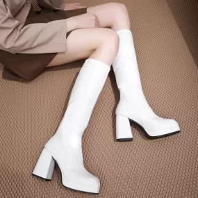 Women's Square Toe Block Chunky Heel Platform Knee High Boots