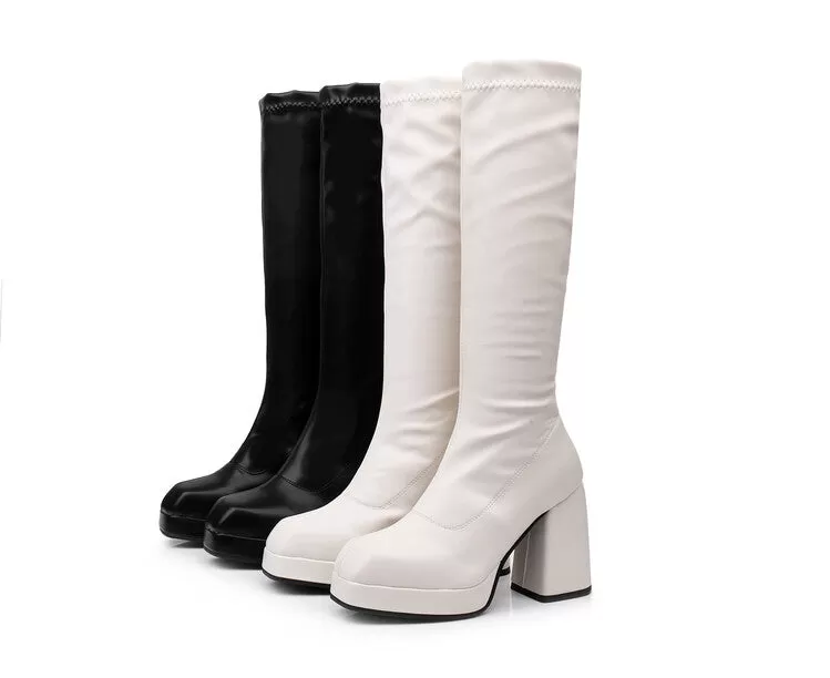 Women's Square Toe Block Chunky Heel Platform Knee High Boots