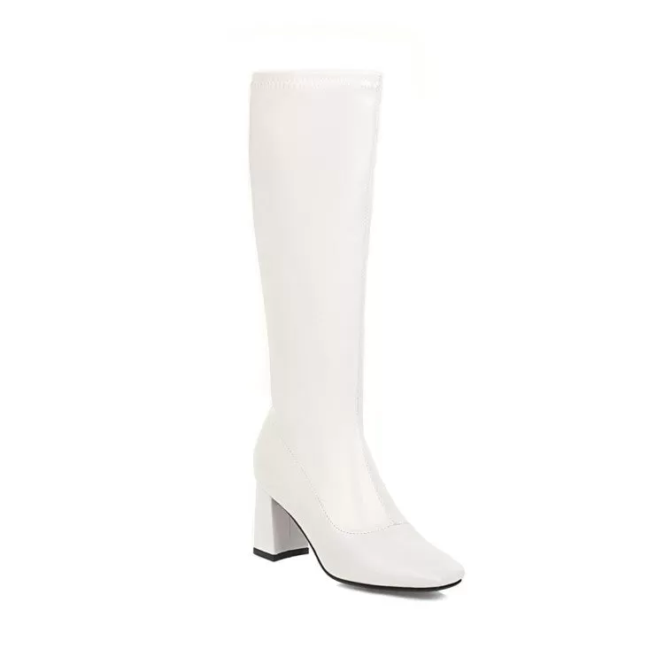 Women's Square Toe Glossy Side Zippers Chunky Heel Knee-High Boots