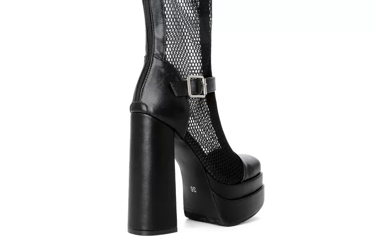 Women's Square Toe Mesh Buckle Zipper Block Platform Mid Calf Boots