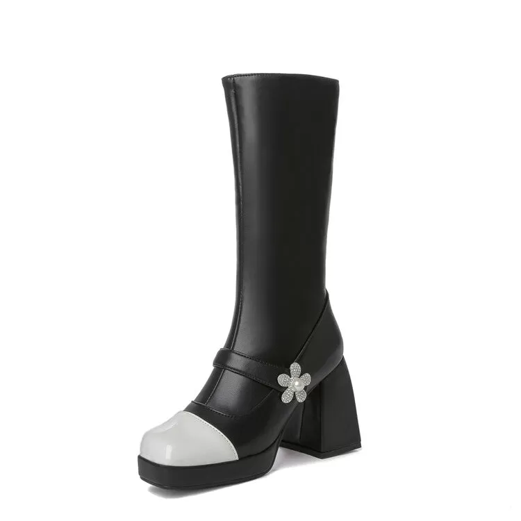 Women's Square Toe Rhinestone Flora Bicolor Platform Block Heel Mid Calf Boots