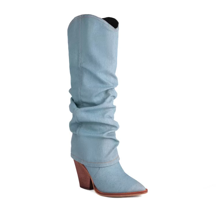 Women's Western Cowboy Fold Pointed Toe Beveled Heel Knee High Boots