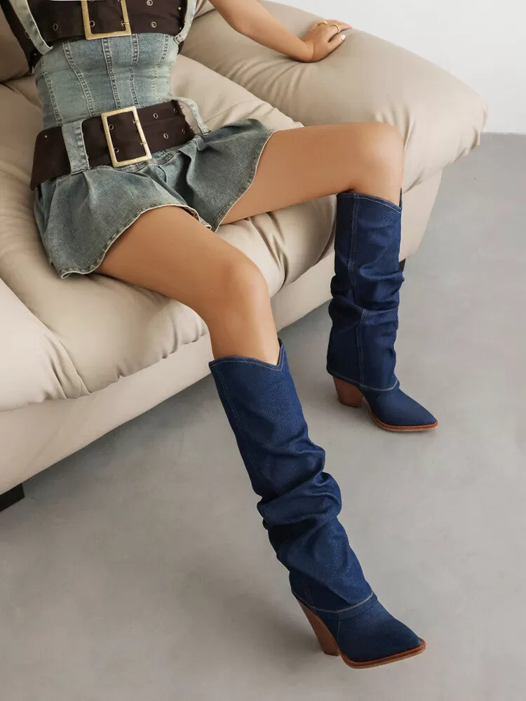 Women's Western Cowboy Fold Pointed Toe Beveled Heel Knee High Boots